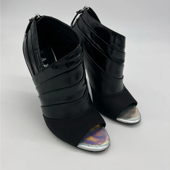 L.A.M.B.Black Patent Leather Open Toe Ankle Boots Silver Stiletto Heel Modern - Picture 8 of 13